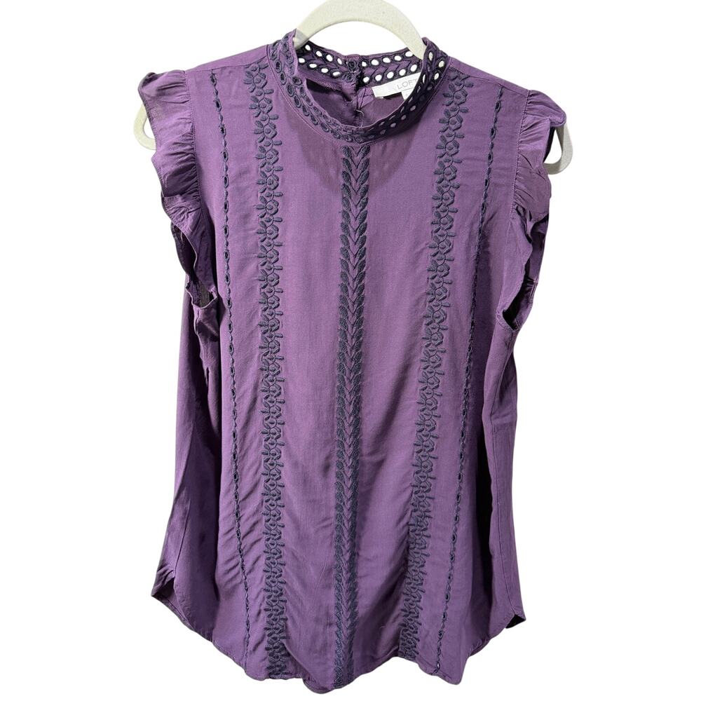 Loft Embroidered Tonal Plummy Purple Ruffle Short Ruffle Sleeve Blouse Size M
